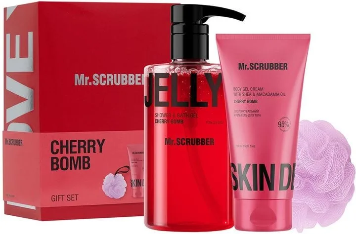 Подарунковий набір Mr.Scrubber Cherry Bomb (гель для душу 500 мл + зволожувальний крем 150 мл + мочалка)