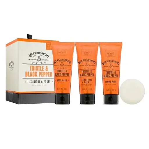 Подарунковий набір Scottish Fine Soaps Men’s Grooming Thistle&Black Pepper: Гель для душу 75 мл + Гель для вмивання обличчя 75 мл + Бальзам після гоління 75 мл + Тверде мило 40 г (122048)