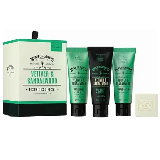 Подарунковий набір Scottish Fine Soaps Men’s Grooming Vetiver&Sandalwood Ветівер: Скраб 75 мл + Крем для гоління 75 мл + Бальзам після гоління 75 мл + Тверде мило 40 г (105011)