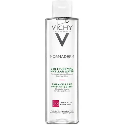 Міцелярна вода Vichy 3в1 Normaderm, для зняття макіяжу та очищення жирної чутливої шкіри обличчя та очей 200 мл (M3262021)