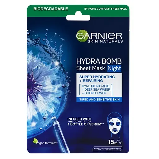 Суперзволожуюча нічна тканинна маска Garnier Skin Naturals для шкіри обличчя з ознаками втоми 28 г
