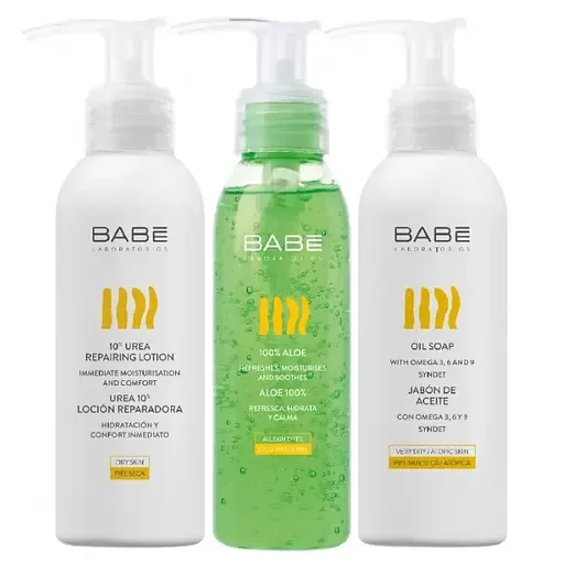 Подарунковий набір №3 Babe Laboratorios Travel Size Body: Відновлюючий лосьйон для тіла, 100 мл + Зволожуючий гель для тіла зі 100% алое, 90 мл + Мило на основі масел, 100 мл