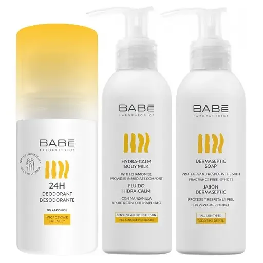 Подарунковий набір №4 Babe Laboratorios Travel Size Body: Кульковий дезодорант 24 години захист та комфорт, 50 мл + Зволожуюче молочко для тіла, 100 мл + Дермасептичне антибактеріальне мило, 100 мл