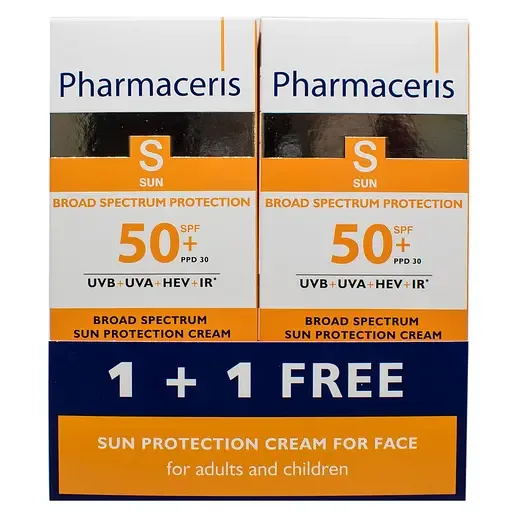 Сонцезахисний крем для обличчя Pharmaceris S Sun Protect 1+1 широкого спектру дії, SPF 50+, 100 мл (2 шт по 50 мл) (Z14048)