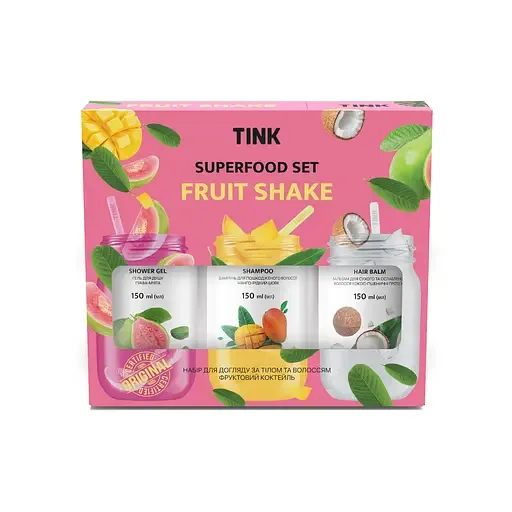 Подарунковий набір Tink Superfood Set Fruit Shake: Гель для душу Гуава та м'ята, 150 мл + Шампунь для пошкодженого волосся Манго та рідкий шовк, 150 мл + Бальзам для сухого та ослабленого волосся Кокос та пшеничні протеїни, 150 мл