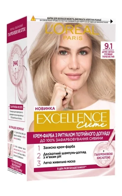 Крем-фарба для волосся стійка L’Oreal Paris Excellence Creme відтінок 9.1 дуже світлий русяво-попелястий 1 шт