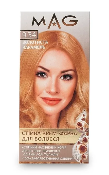 Крем-фарба для волосся стійка M.A.G. відтінок 9.34 золотиста карамель 120 мл