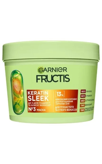 Маска Garnier Fructis Keratin Sleek для розгладження та надання блиску для пухнастого та сухого волосся 370 мл​