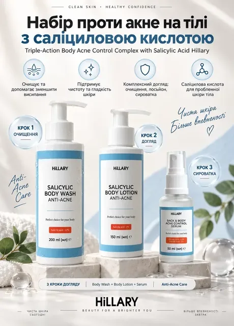 Набір проти акне на тілі з саліциловою кислотою Triple-Action Body Acne Control Complex with Salicylic Acid Hillary (352166436)