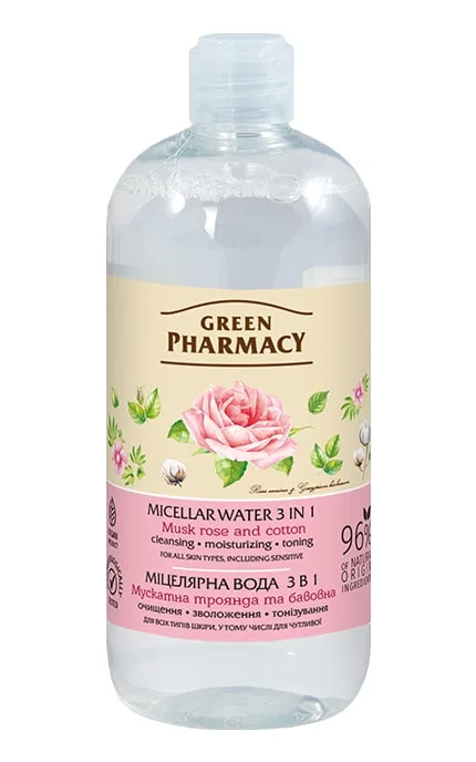 Міцелярна вода Green Pharmacy 3в1 Мускатна троянда і бавовна 500 мл
