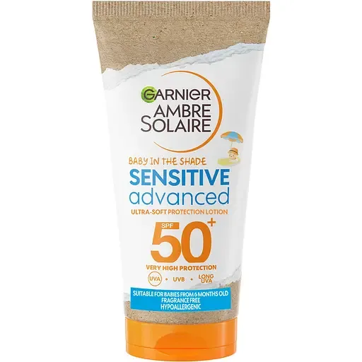 Сонцезахисний лосьйон для чутливої шкіри дітей Garnier Ambre Solaire Kids Sensitive Малюк в тіні з дуже високим ступенем захисту SPF50+ 50 мл