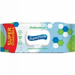 Вологі серветки антибактеріальні Superfresh, з клапаном 120 шт.
