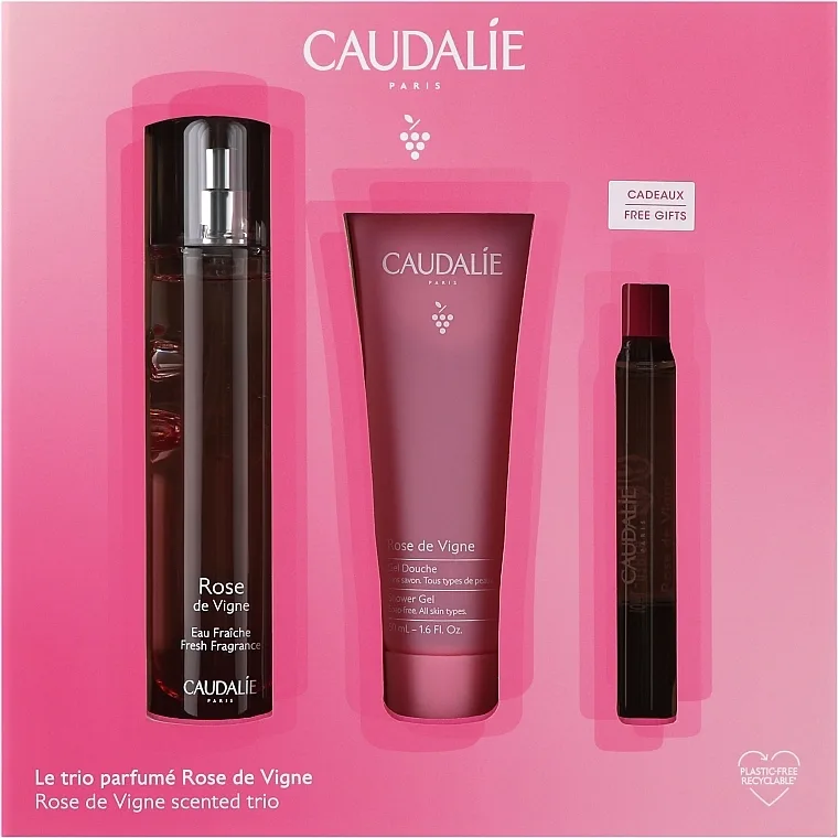 Набір Caudalie (Кодалі) Rose de Vigne (Енергетична туалетна вода 10 мл, Гель для душу 50 мл, Енергетична туалетна вода 50 мл)