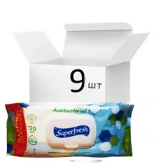 Упаковка вологих серветок антибактеріальних Superfresh з клапаном 9 пачок по 120 шт.
