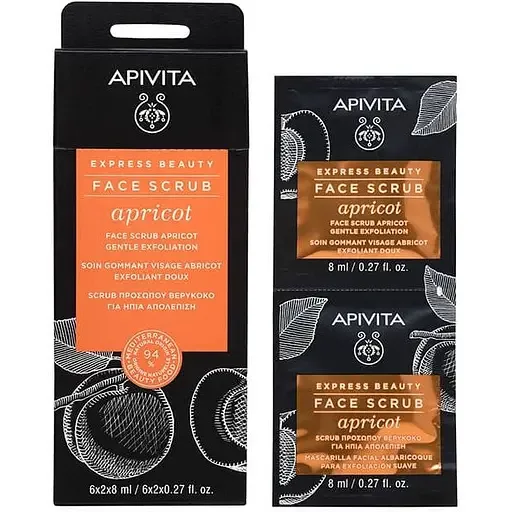 Скраб для обличчя Apivita Express Beauty М'яке відлущування, з абрикосом, 2 шт. по 8 мл