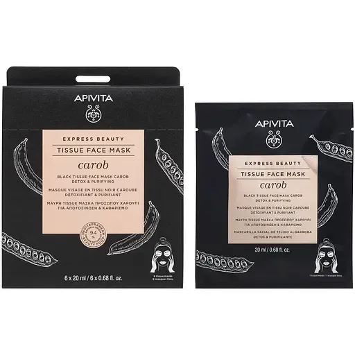 Чорна тканинна маска для обличчя Apivita Express Beauty Детокс та очищення з насінням ріжкового дерева, 20 мл