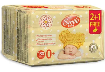 Вологі серветки для новонароджених з екстрактами ромашки і алое Smile Baby Multipack 2+1