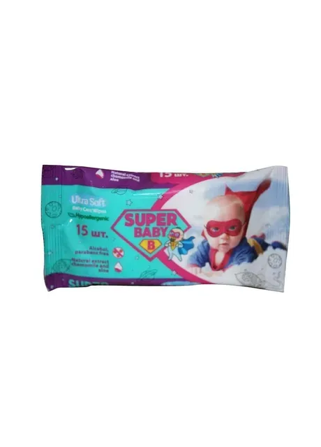 Вологі серветки Ромашка та алоє 15шт ТМ Super Baby (401557439)