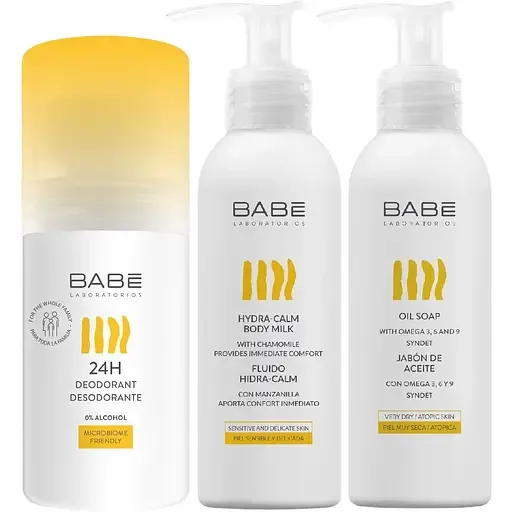 Подарунковий набір №4 Babe Laboratorios: Кульковий дезодорант-антиперспірант 24 години, 50 мл + Зволожуюче молочко для тіла, 100 мл + Масляне мило для душу, 100 мл