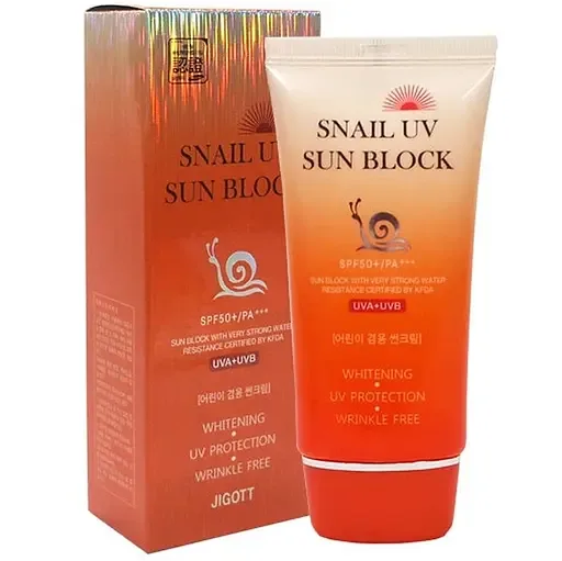 Сонцезахисний крем Jigott Snail Uv Sun Block Cream SPF50+, з муцином равлика, 70 мл