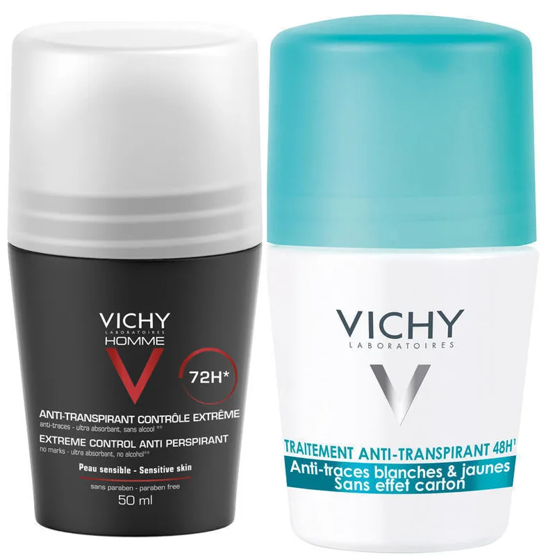 Промо-набір Vichy (Віши) з 2-х кулькових дезодорантів екстра-сильної дії для чоловіків і дезодорант проти білих і жовтих плям для жінок -40% на другий