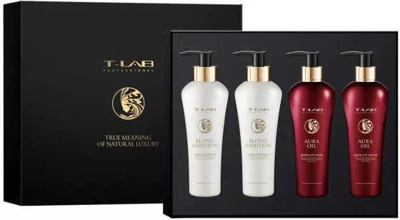 Сет T-LAB Professional Aura Oil + Blond Ambition Love Set: шампунь 300 мл + кондиціонер 300 мл + шампунь-гель 300 мл + крем 300 мл
