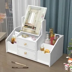 Великий DIY Органайзер для косметики та інструментів для макіяжу із прямокутним дзеркалом на 5 секцій, з висувними ящиками, 40х20х38 см, білий (COSM402038WH)
