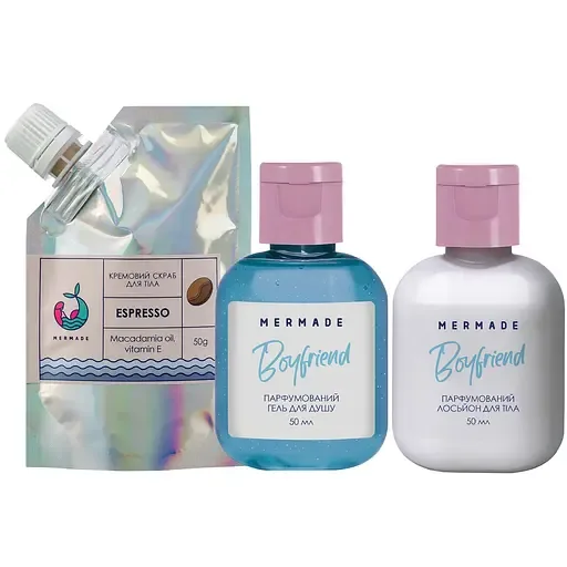Парфумований набір для тіла Mermade Boyfriend, кремовий скраб, 50 г + гель для душу, 50 мл + лосьйон для тіла, 50 мл