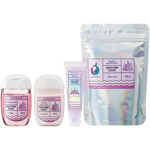 Набір Mermade Unicorn Poop, антисептик, 29 мл + крем для рук, 29 мл + бальзам для губ, 10 г + пудра для ванни, 200 г