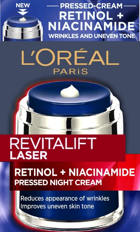 Нічний крем L'Oreal Paris Revitalift Lazer проти зморщок та для покращення тону шкіри обличчя, з ретинолом та нікотинамідом, 50 мл