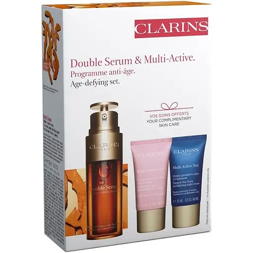 Подарунковий набір Clarins Gift Set Double Serum And Multiactive: сироватка для обличчя, 50 мл + денний крем для обличчя, 15 мл + нічний крем для обличчя, 15 мл