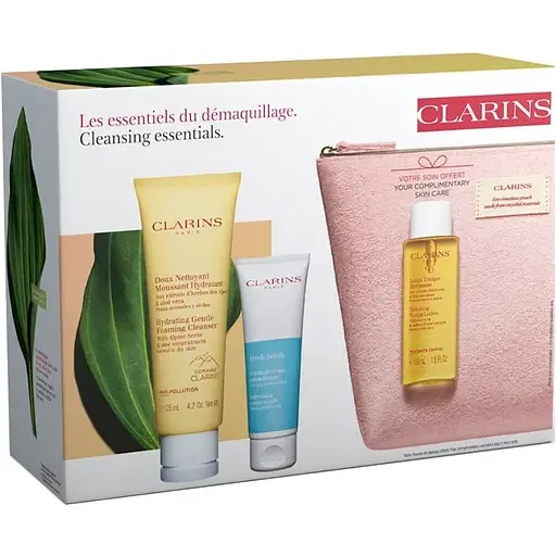 Подарунковий набір Clarins Cleansing Gift Set: пінка для нормальної та сухої шкіри, 125 мл + крем-скраб для обличчя, 50 мл + лосьйон-тонік для обличчя, 50 мл + косметичка
