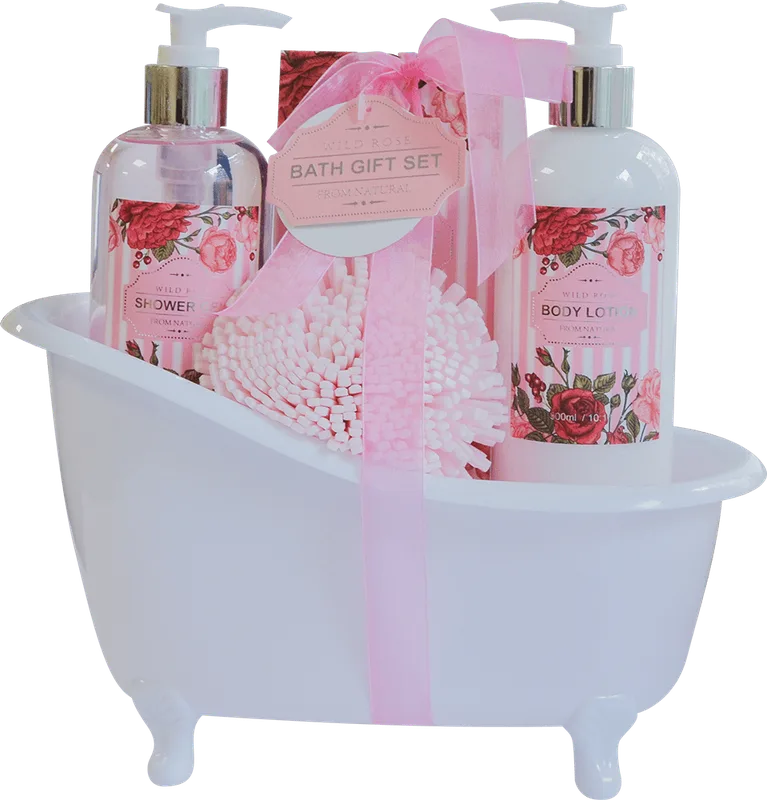 Набір Wild rose в пластиковій ванночці (г/д/душу 300мл+лосьйон д/тіл 300мл+сіль д/ванни200г+мочалка)