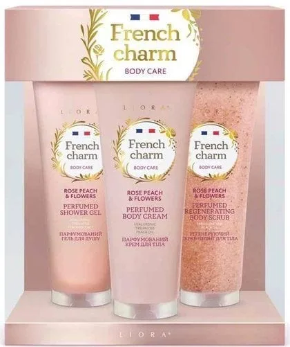 Набір косметичний Liora French Charm Rose Peach & Flowers Гель для душу 125 мл + Скраб для тіла 125 мл + Крем для тіла 125 мл