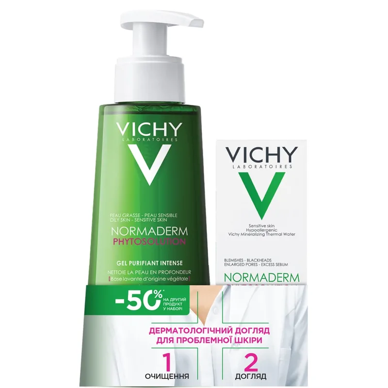 Набір Vichy (Віші) Normaderm (Phytosolution гель для дуже жирної, схильної до недоліків шкіри 400 мл + зволожуючий флюїд подвійної дії для жирної шкіри 50 мл)