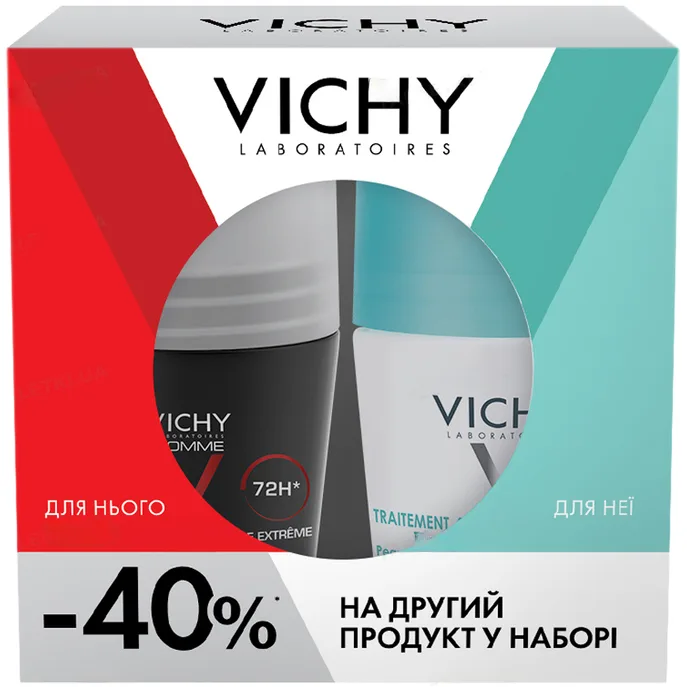 Набір антиперспірантів кулькових Vichy (Віши) 2025 (чоловічий 72 години захисту 50 мл + жіночий 48 годин захисту 50 мл)