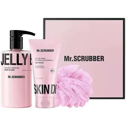 Подарунковий набір Mr.Scrubber Peony in Love Цукровий скраб 300 г + Гель для душу 300 мл + Мочалка Хмаринка