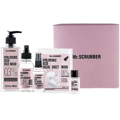 Подарунковий набір для обличчя Mr.Scrubber Hyaluronic acid: Гель для вмивання 400 мл + Тонік 30 мл + Спрей 150 мл + Сироватка 30 мл + Тканинна маска 15 мл