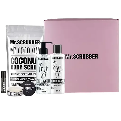Подарунковий набір Mr.Scrubber Coconut: Скраб для тіла 200 г + Гель для душу 200 мл + Гідрогель для тіла 200 мл + Скраб для губ 50 г + Бальзам для губ 5 г