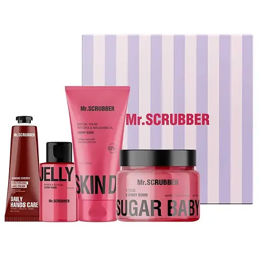 Подарунковий набір Mr.Scrubber Cherry Care: Цукровий скраб 450 г + Крем-гель для тіла 150 мл + Гель для душу 100 мл + Крем для рук 30 г