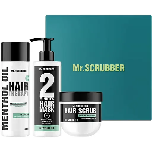 Подарунковий набір Mr.Scrubber Menthol Oil Об'єм та свіжість: шампунь для волосся 200 мл + експрес-маска для волосся 200 мл + скраб для шкіри голови та волосся 250 г