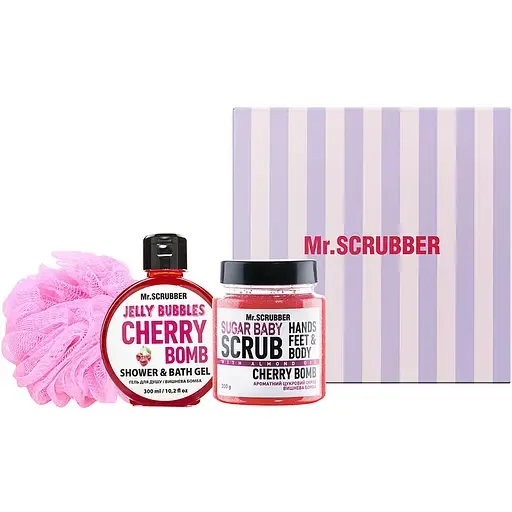 Подарунковий набір Mr.Scrubber Cherry Bomb: Цукровий скраб 300 г + Гель для душу 300 мл + Мочалка Хмаринка