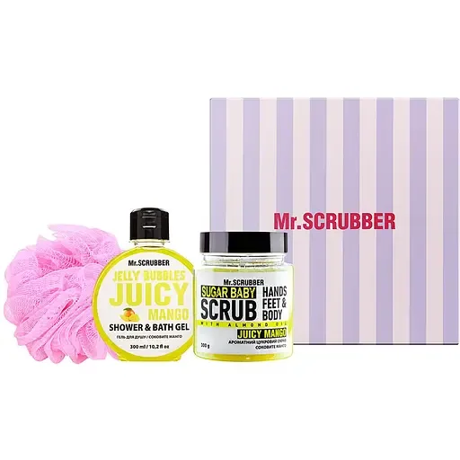 Подарунковий набір Mr.Scrubber Juicy Mango: Цукровий скраб 300 г + Гель для душу 300 мл + Мочалка Хмаринка