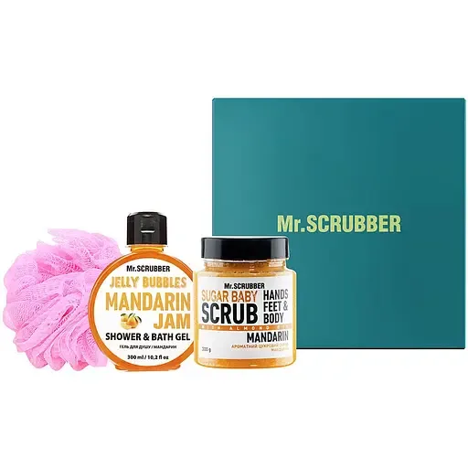 Подарунковий набір Mr.Scrubber Mandarin: Цукровий скраб 300 г + Гель для душу 300 мл + Мочалка Хмаринка