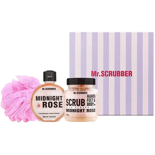 Подарунковий набір Mr.Scrubber Midnight Rose: Цукровий скраб 300 г + Гель для душу 300 мл + Мочалка Хмаринка