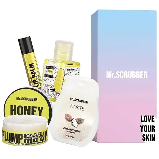 Подарунковий набір Mr.Scrubber Sweet Honey: Скраб для губ 50 мл + Бальзам для губ 5 г + Крем для рук 50 мл + Антисептик для рук 30 мл