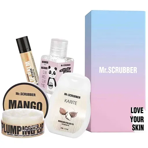 Подарунковий набір Mr.Scrubber Sweet Mango: Скраб для губ 50 мл + Бальзам для губ 5 г + Крем для рук 50 мл + Антисептик для рук 30 мл