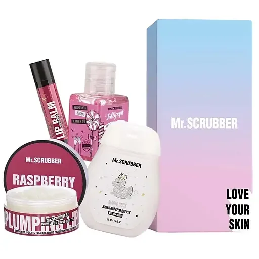 Подарунковий набір Mr.Scrubber Sweet Raspberry: Скраб для губ 50 мл + Бальзам для губ 5 г + Крем для рук 50 мл + Антисептик для рук 30 мл