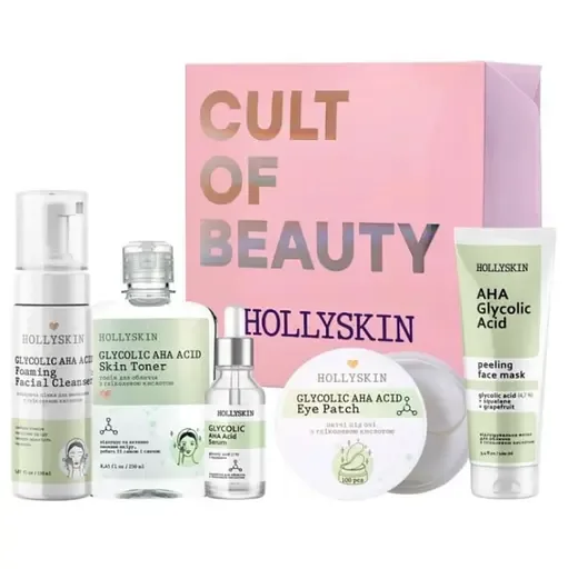Набір косметики для обличчя Hollyskin Glycolic AHA Acid Care Maxi Set: Сироватка 30 мл + Маска 100 мл + Очисна пінка 150 мл + Тонік 250 мл + Патчі під очі 100 pcs
