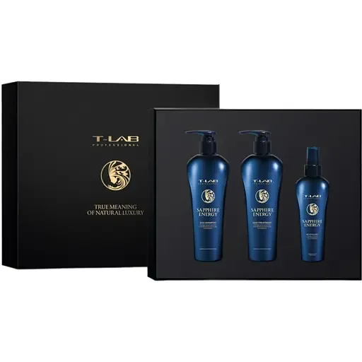 Сет T-LAB Professional Sapphire Energy Ritual для про-ейдж ефекту волосся: шампунь 300 мл + кондиціонер 300 мл + спрей 150 мл